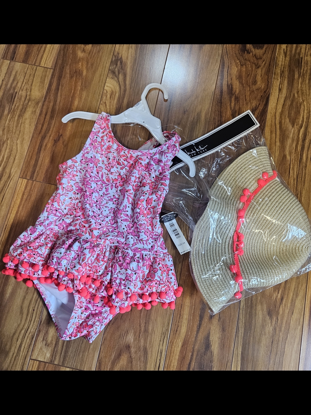 Girls Pink Floral Pom-Pom One-Piece Swimsuit